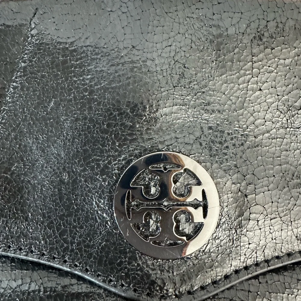 Tory Burch Small Black Leather Crossbody Bag Chain Strap Shimmery No Dust bag